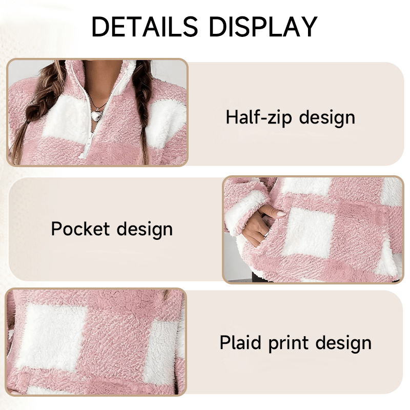 🔥Hot Sale 49% OFF🍂Casual Plaid Pullover – Drop Shoulder Half-Zip Top for Women👩