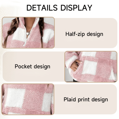 🔥Hot Sale 49% OFF🍂Casual Plaid Pullover – Drop Shoulder Half-Zip Top for Women👩