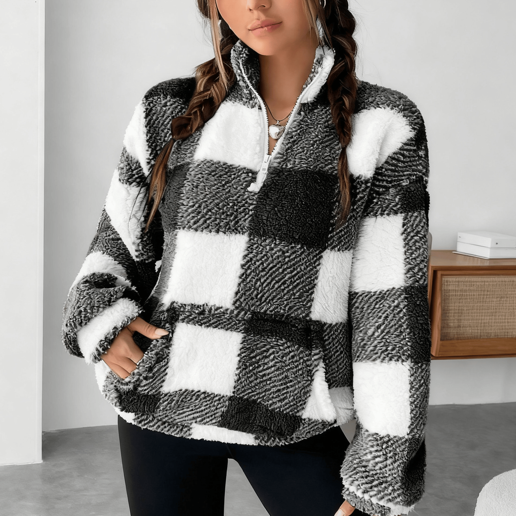 🔥Hot Sale 49% OFF🍂Casual Plaid Pullover – Drop Shoulder Half-Zip Top for Women👩