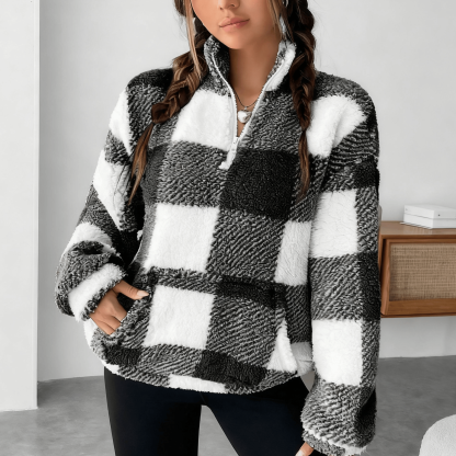 🔥Hot Sale 49% OFF🍂Casual Plaid Pullover – Drop Shoulder Half-Zip Top for Women👩