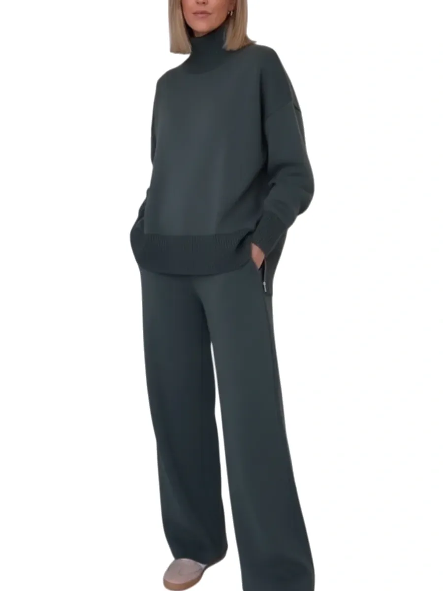 🔥Casual Travel Stand Collar Side Zipper Top Straight Pants Two-Piece Set