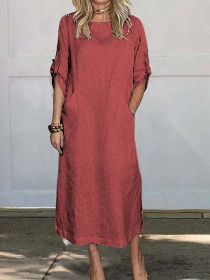 🔥HOT SALE🔥Women Summer Solid Color Linen Cotton Casual Double Side Pocket Dress(ALMOST SOLD OUT)