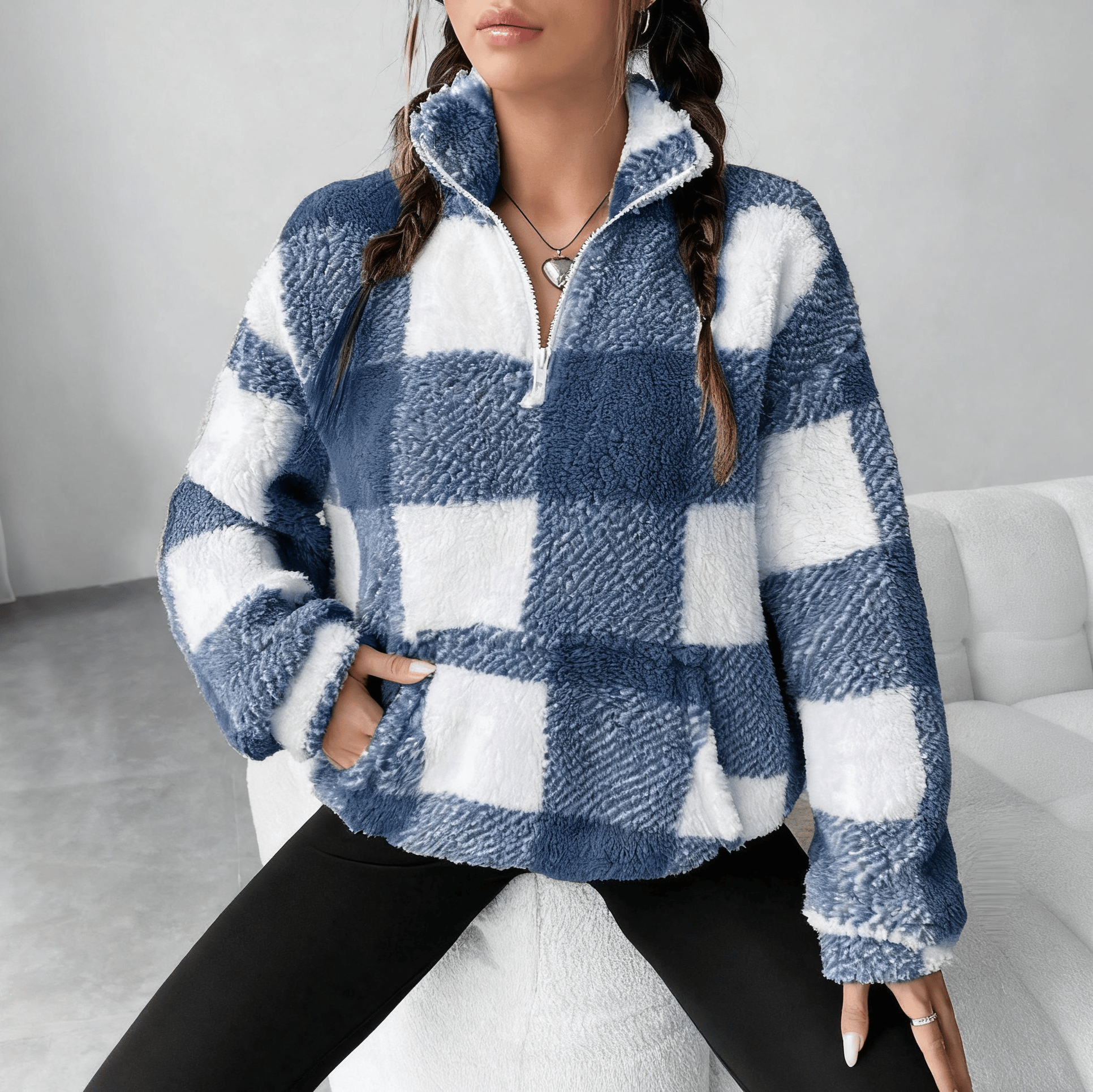 🔥Hot Sale 49% OFF🍂Casual Plaid Pullover – Drop Shoulder Half-Zip Top for Women👩