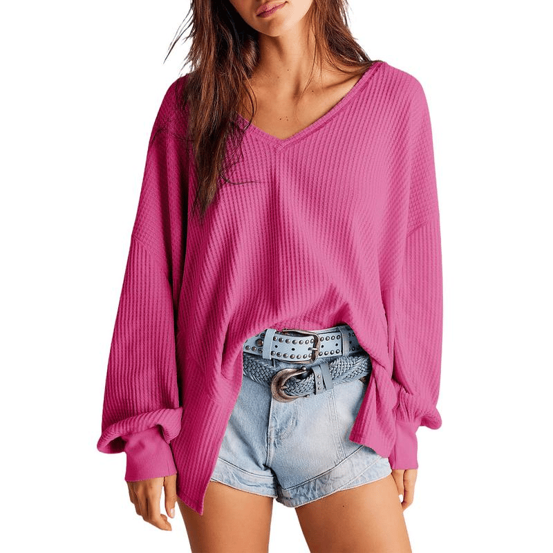 🔥Womens Waffle Knit Tops 2025 Fashion Long Lantern Sleeve Casual Blouses V Neck Oversized T Shirts