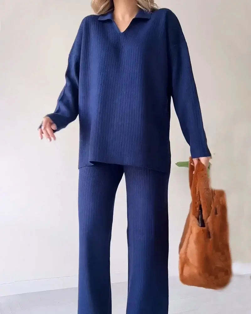 🔥Solid color fashionable lapel loose casual sweater two-piece set