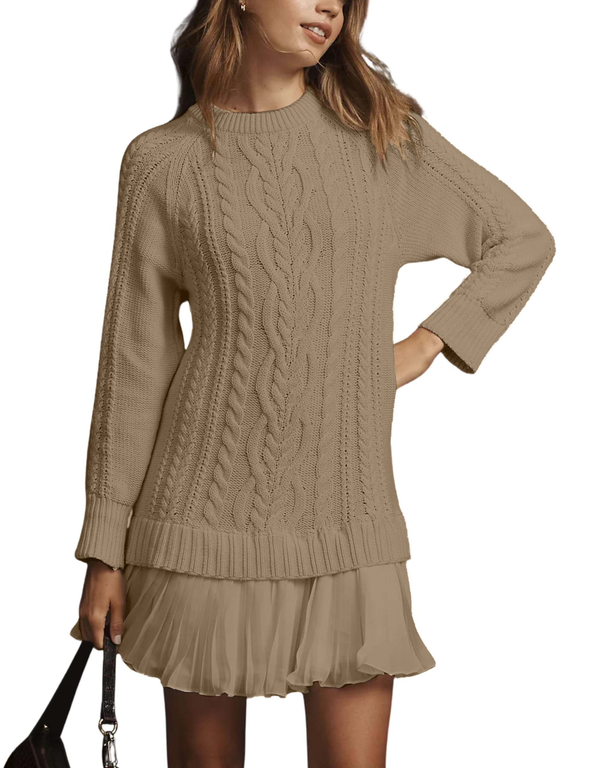 🔥Women Crewneck Cable Knit Sweater Mini Dress