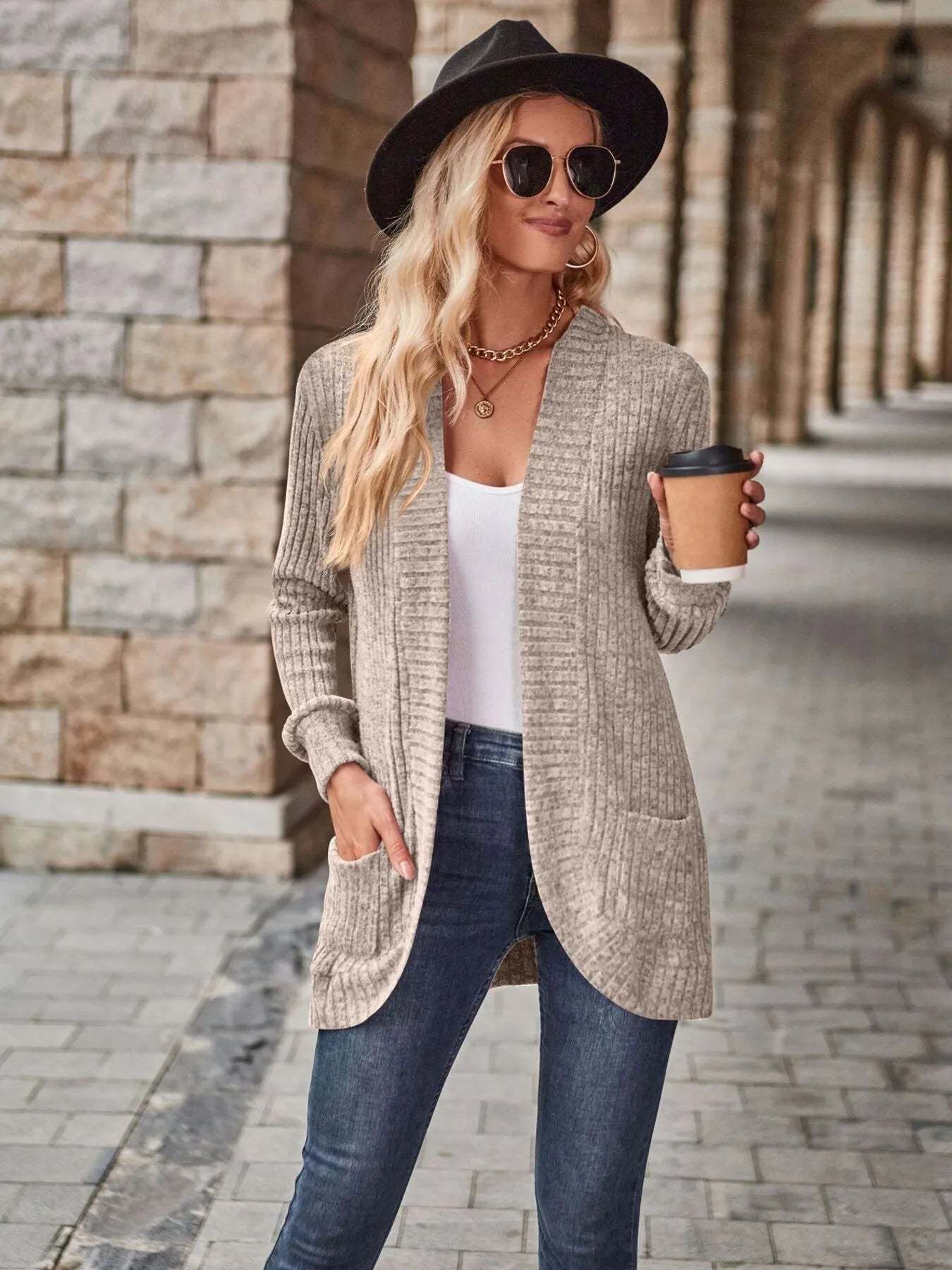 CLEARANCE🔥Ribbed Open Front Long Cardigan with Pockets