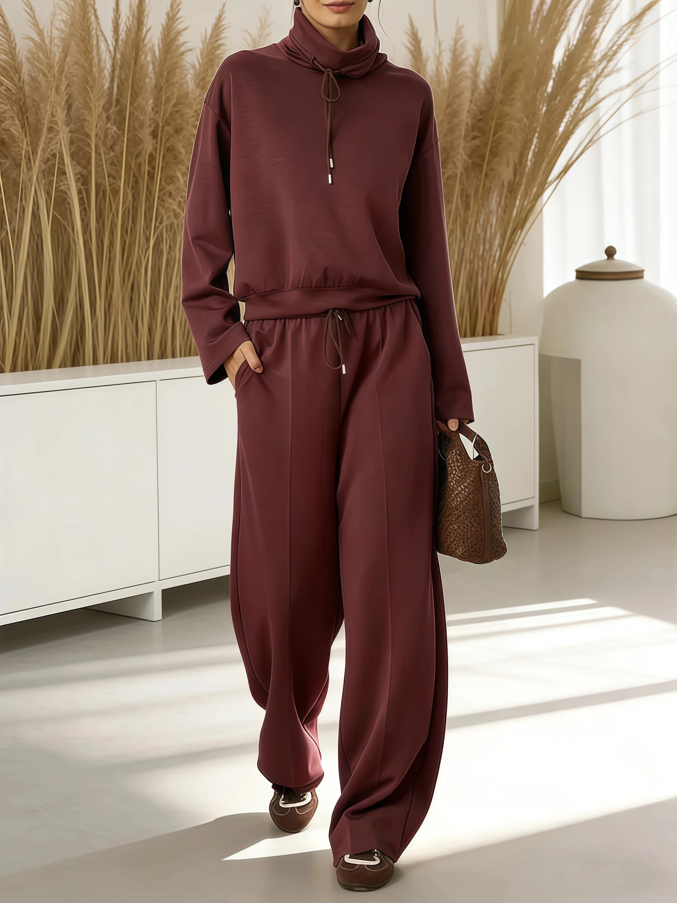 ⏰ LAST DAY 💥2026 Women's Solid Color High-neck Drawstring Long-sleeve Casual Loose-fitting Sweatshirt 2-piece Set