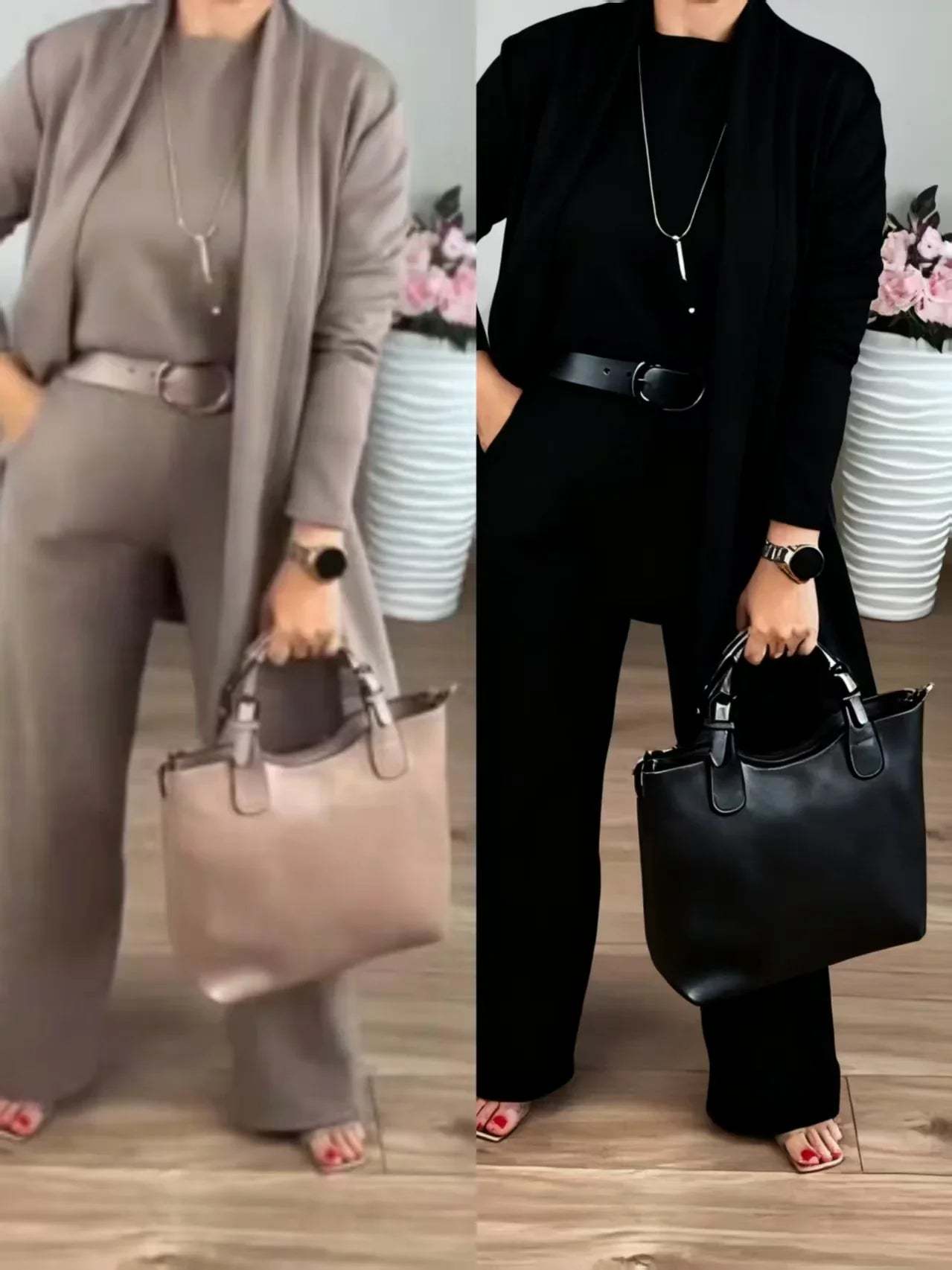 ✈️shipping worldwide⏳Time-Limited Special⏰Elegant 3-piece set including long cardigan, top and pants💞