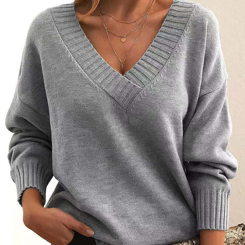 Solid V-neck Sweater Fashion Loose Long-sleeved Knitted Tops Autumn And Winter Women's Clothing