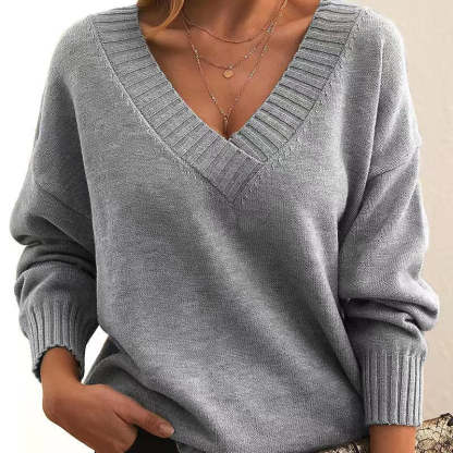 Solid V-neck Sweater Fashion Loose Long-sleeved Knitted Tops Autumn And Winter Women's Clothing