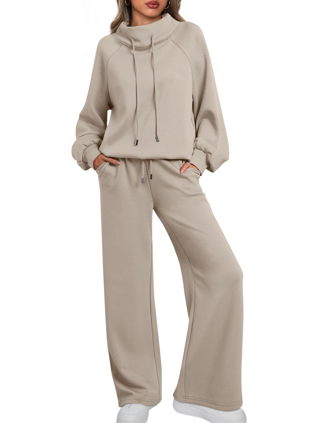 Christmas Clearance Women's Oversized Two-Piece Round Neck Drawstring Sweatshirt Wide Leg Sweatpants Casual Suit