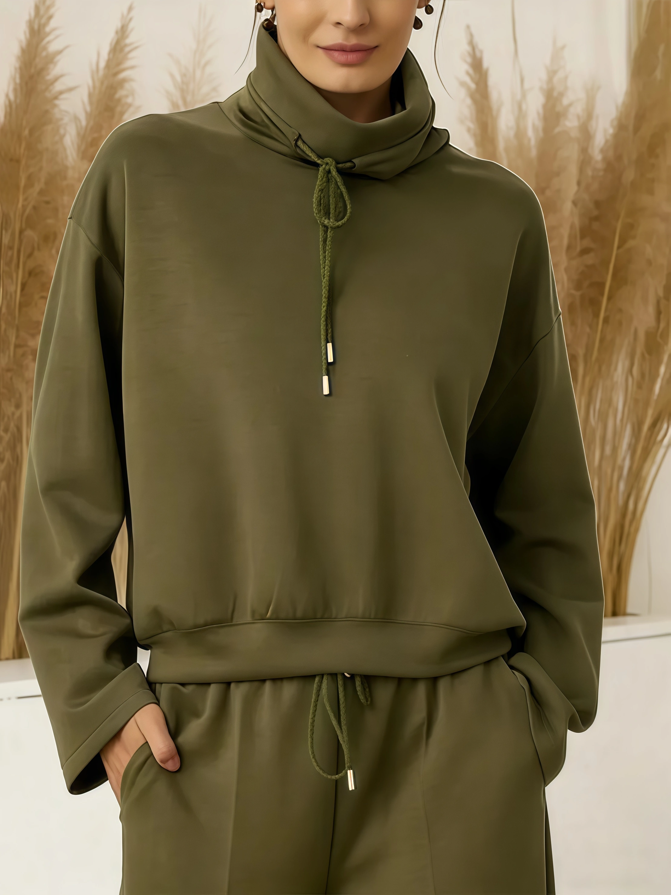 ⏰ LAST DAY 💥2026 Women's Solid Color High-neck Drawstring Long-sleeve Casual Loose-fitting Sweatshirt 2-piece Set