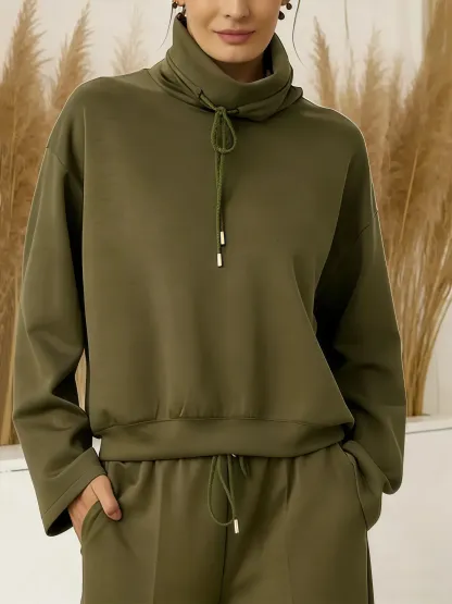 ⏰ LAST DAY 💥2026 Women's Solid Color High-neck Drawstring Long-sleeve Casual Loose-fitting Sweatshirt 2-piece Set