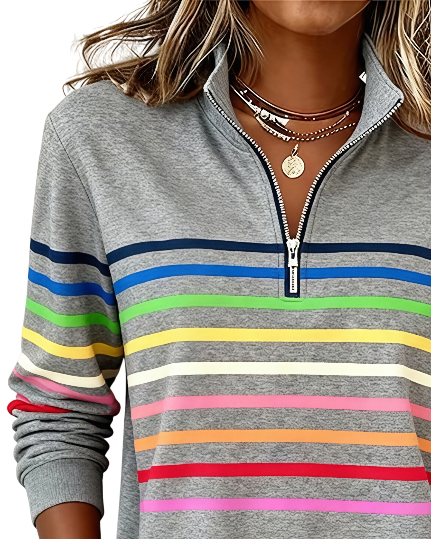 🔥Mode Sweatshirt with Half Zipper and Rainbow Stripes