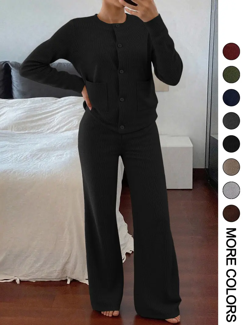 Women's Casual Comfortable Round Neck Long Sleeve Knit Sweater Set, High Waist Versatile Wide Leg Pants, Perfect for Daily Wear