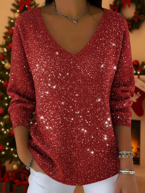 🎄CHRISTMAS SALE🎄Women's Christmas Elegant V-neck Solid Color Loose Glossy Sweater