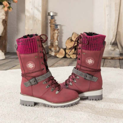 Women's Winter Lace-Up Snow Boots – Knit Cuff & Buckle – Anti-Slip Sole