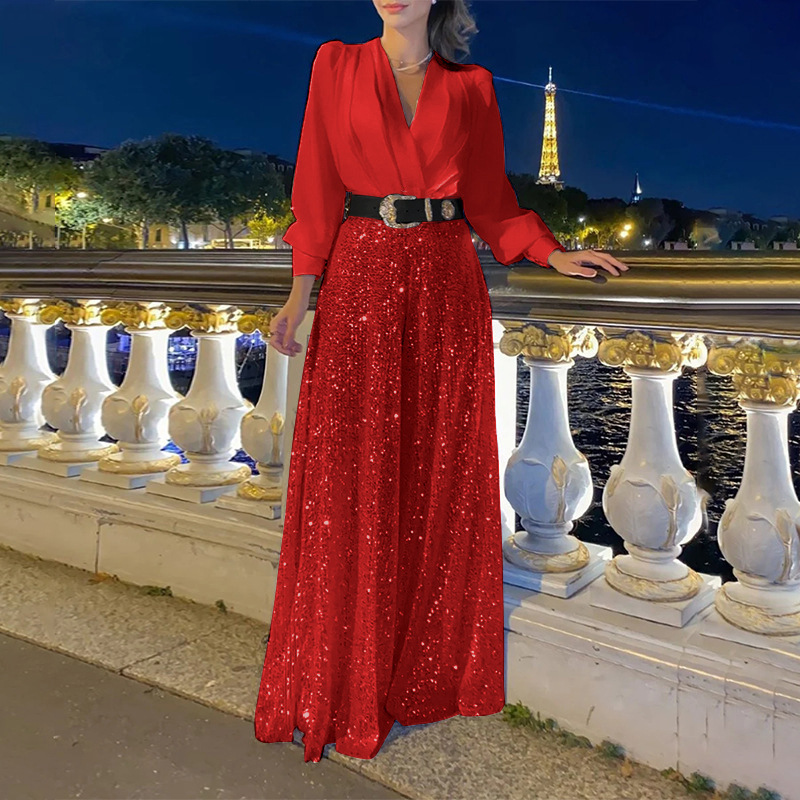 🔥Stylish V-Neck Long Sleeve Shirt & Sequin Wide Leg Pants Two Piece Set