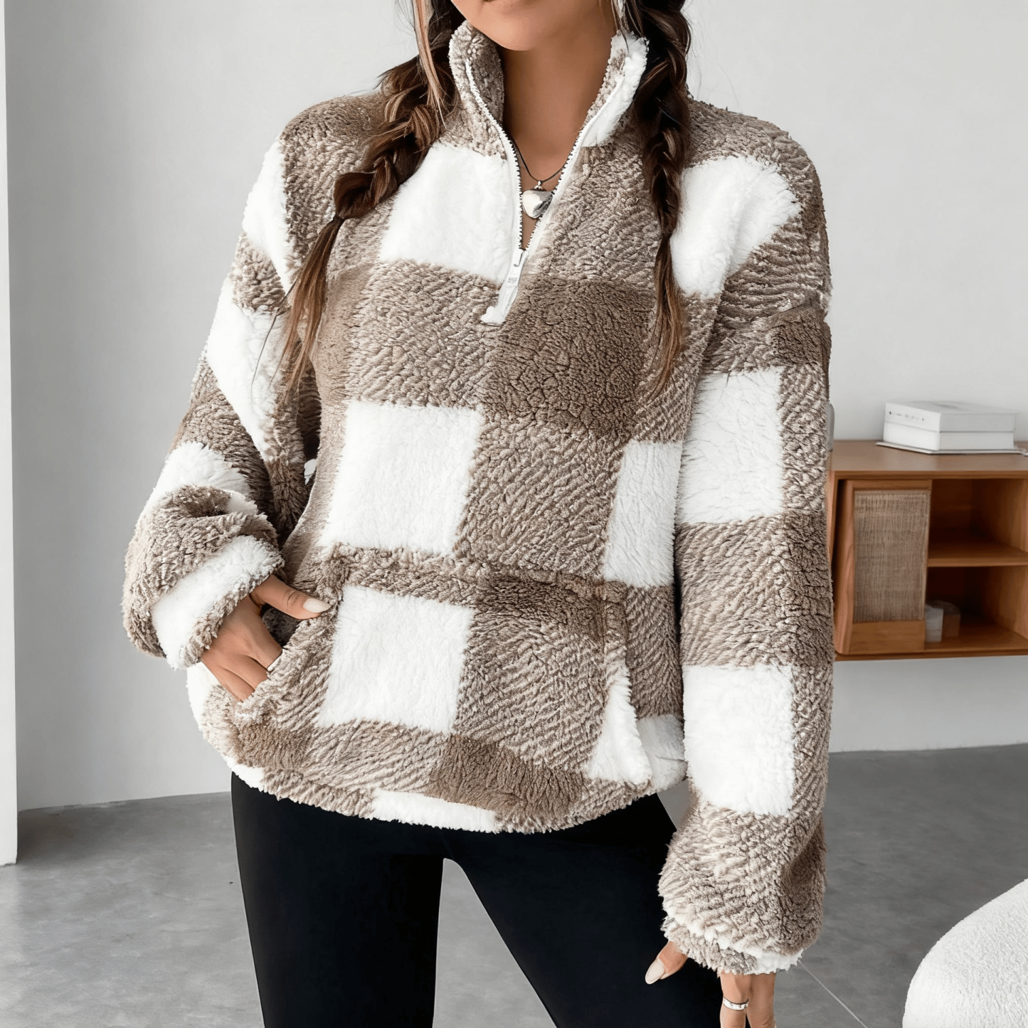 🔥Hot Sale 49% OFF🍂Casual Plaid Pullover – Drop Shoulder Half-Zip Top for Women👩