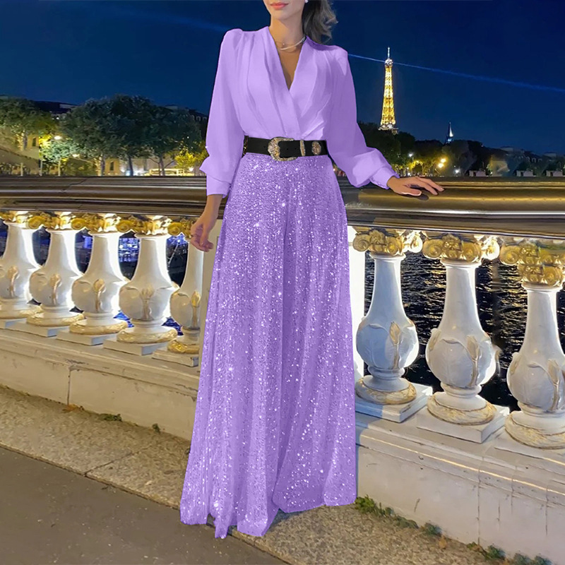 🔥Stylish V-Neck Long Sleeve Shirt & Sequin Wide Leg Pants Two Piece Set