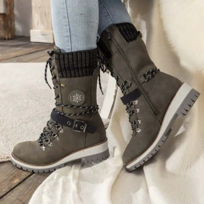 Women's Winter Lace-Up Snow Boots – Knit Cuff & Buckle – Anti-Slip Sole