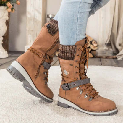 Women's Winter Lace-Up Snow Boots – Knit Cuff & Buckle – Anti-Slip Sole