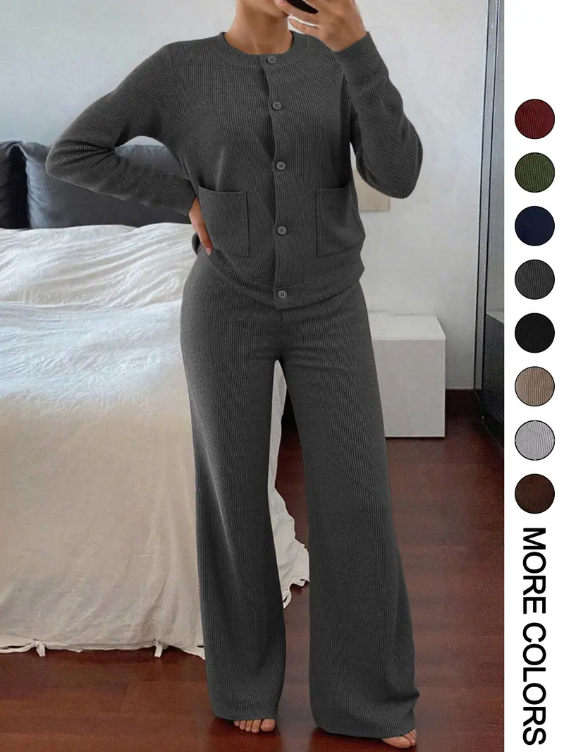 Women's Casual Comfortable Round Neck Long Sleeve Knit Sweater Set, High Waist Versatile Wide Leg Pants, Perfect for Daily Wear
