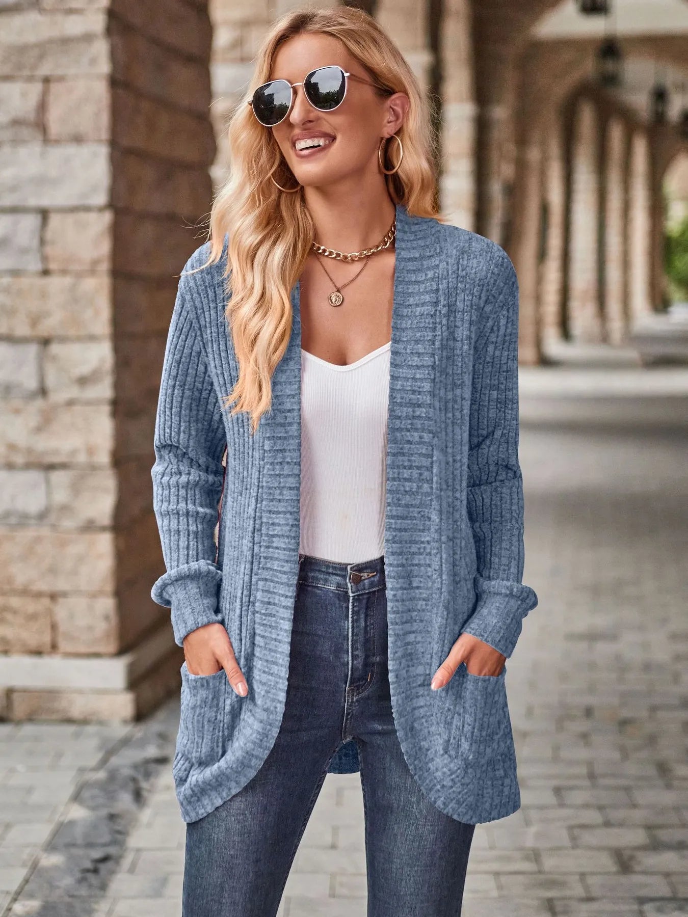 CLEARANCE🔥Ribbed Open Front Long Cardigan with Pockets