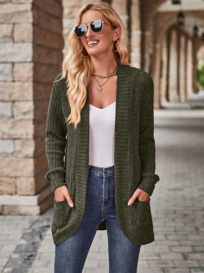 CLEARANCE🔥Ribbed Open Front Long Cardigan with Pockets