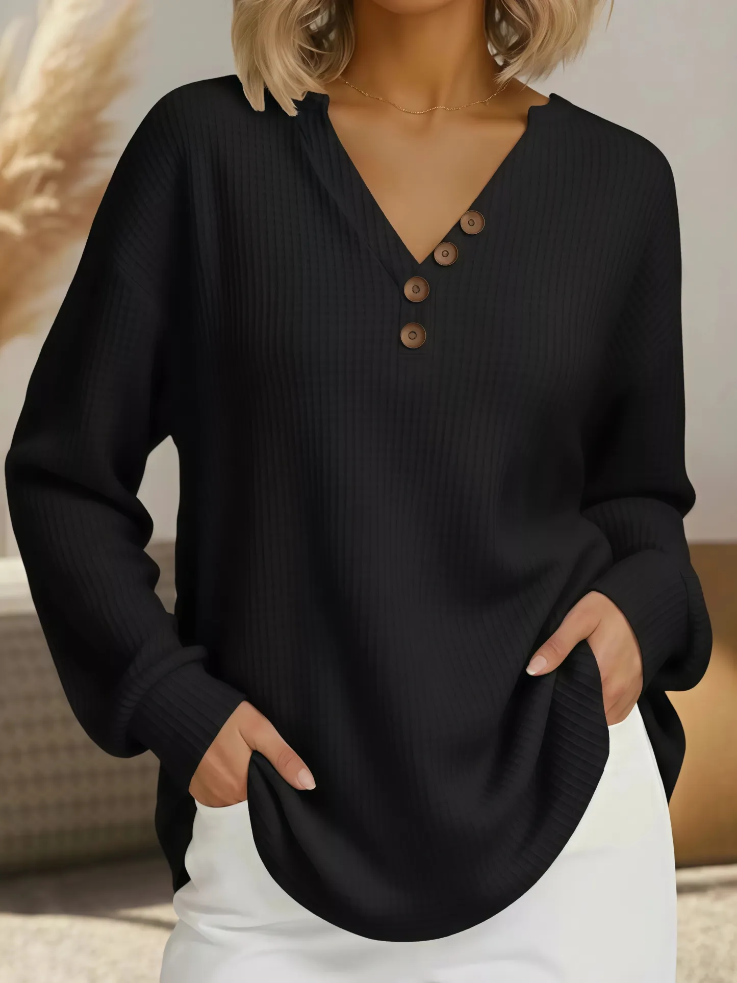 Full Size Casual Waffle Knit Long Sleeve T-Shirt Plus Size