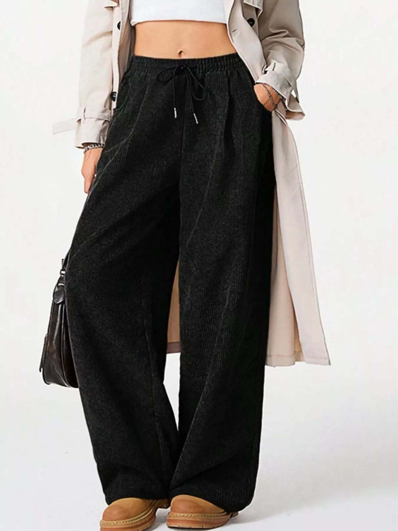 Wide Leg Corduroy Drawstring Pants