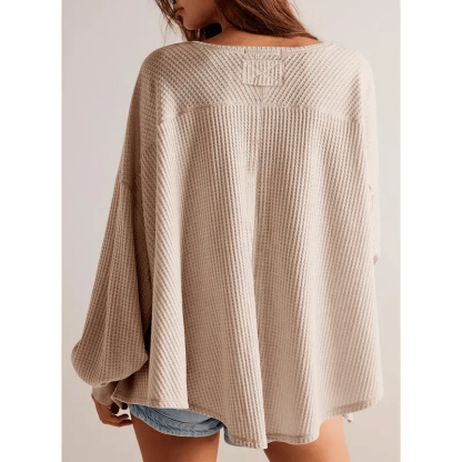 🔥Womens Waffle Knit Tops 2025 Fashion Long Lantern Sleeve Casual Blouses V Neck Oversized T Shirts