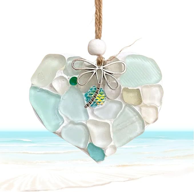 🌊Transforming Ocean Treasures into Eco-Friendly Art -Small Sea Glass Mosaic Hanging Heart