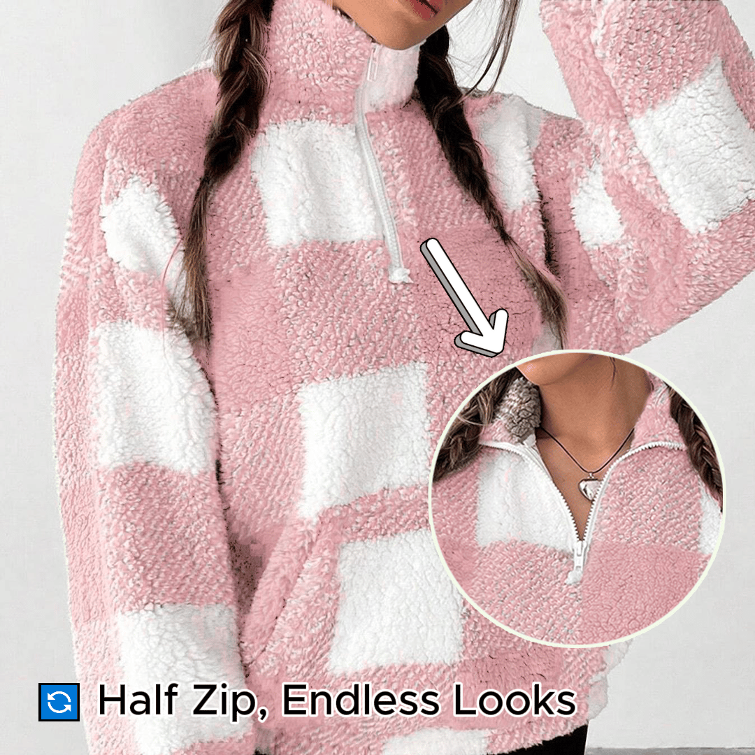 🔥Hot Sale 49% OFF🍂Casual Plaid Pullover – Drop Shoulder Half-Zip Top for Women👩