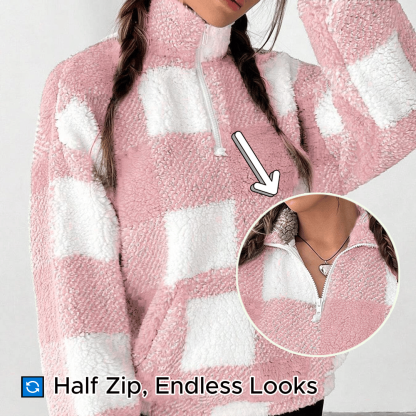 🔥Hot Sale 49% OFF🍂Casual Plaid Pullover – Drop Shoulder Half-Zip Top for Women👩