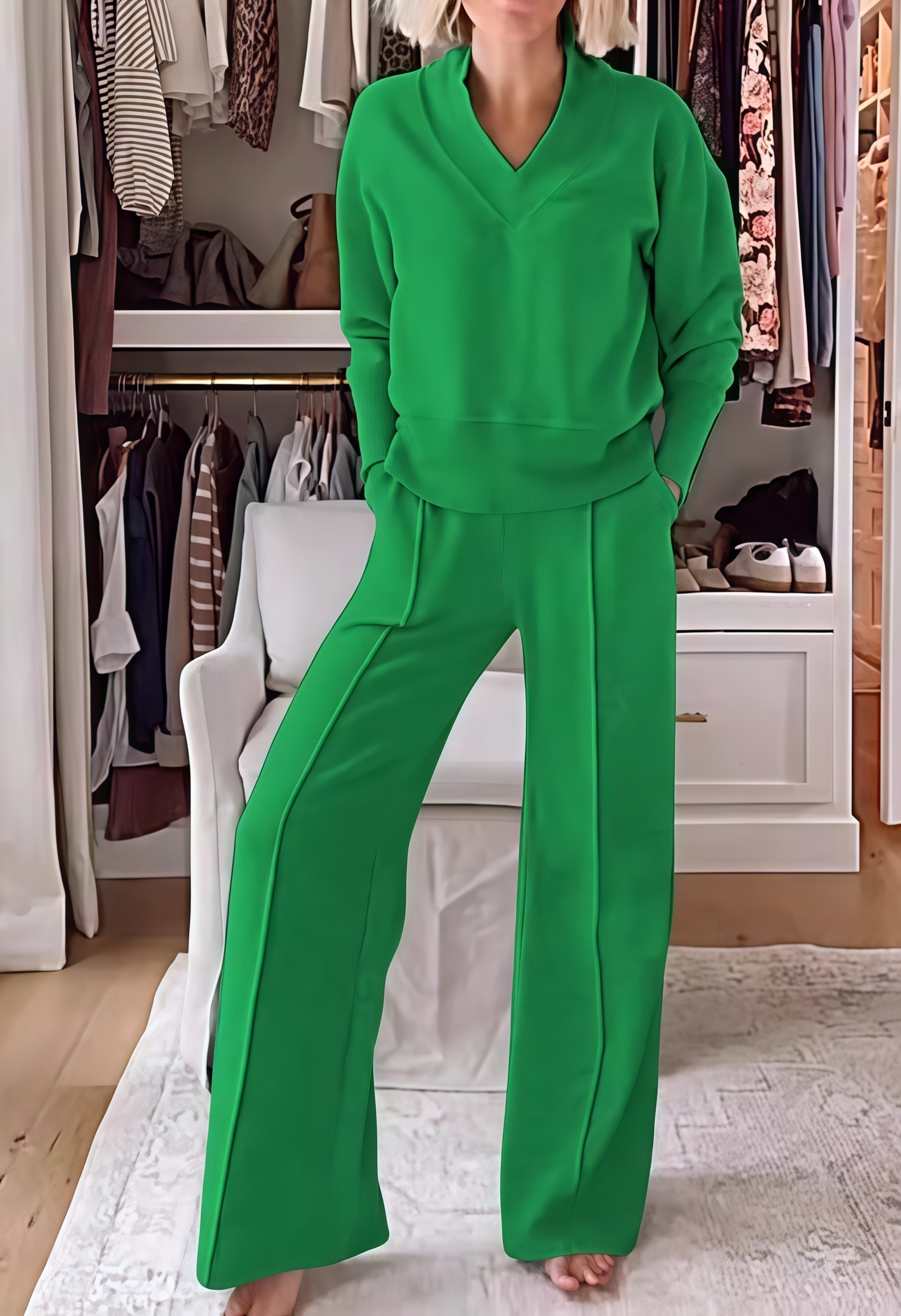 Women's Solid Color V-neck Top & Pants Two-piece Set (🔥Same as in the video)