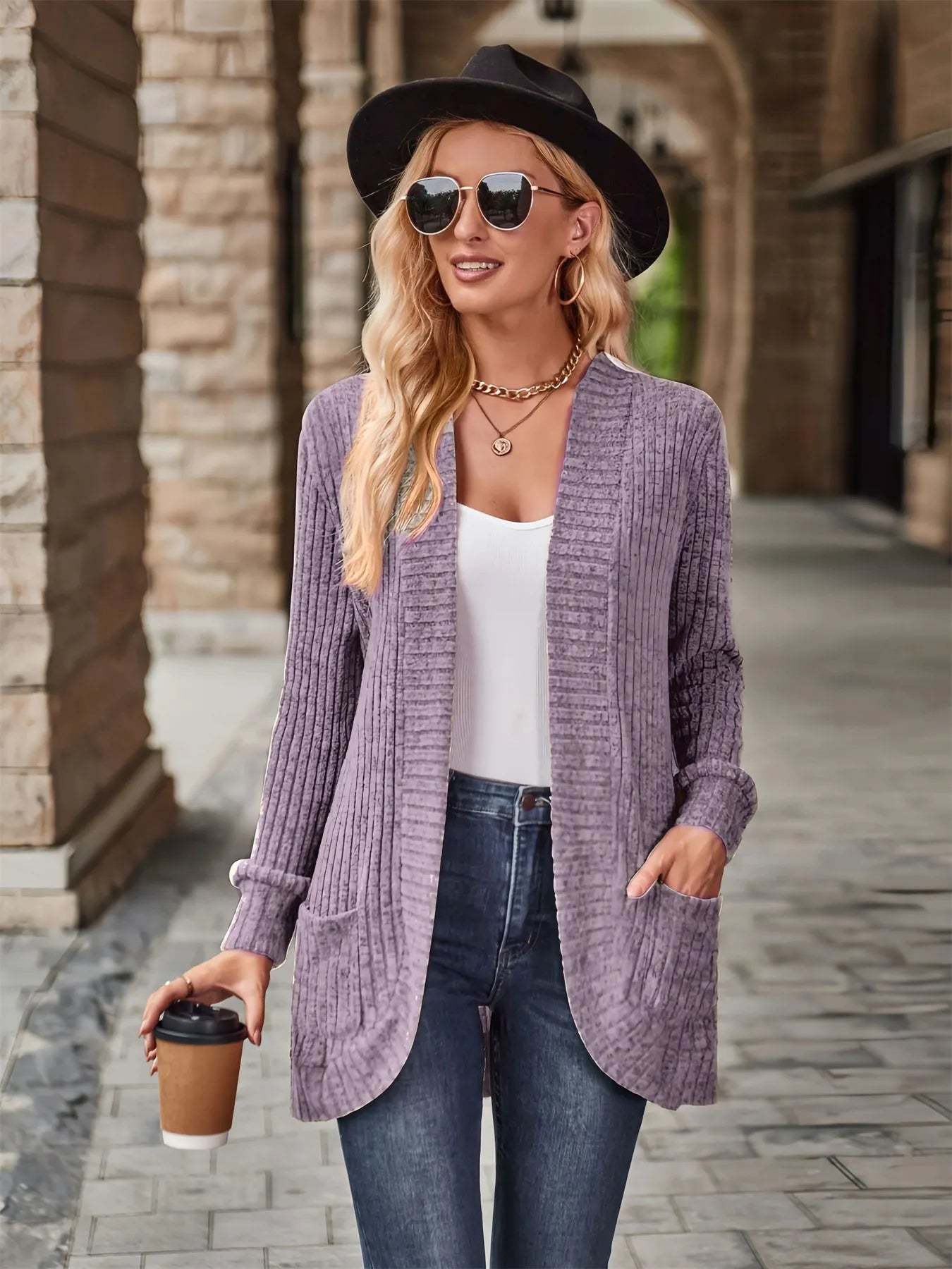 CLEARANCE🔥Ribbed Open Front Long Cardigan with Pockets