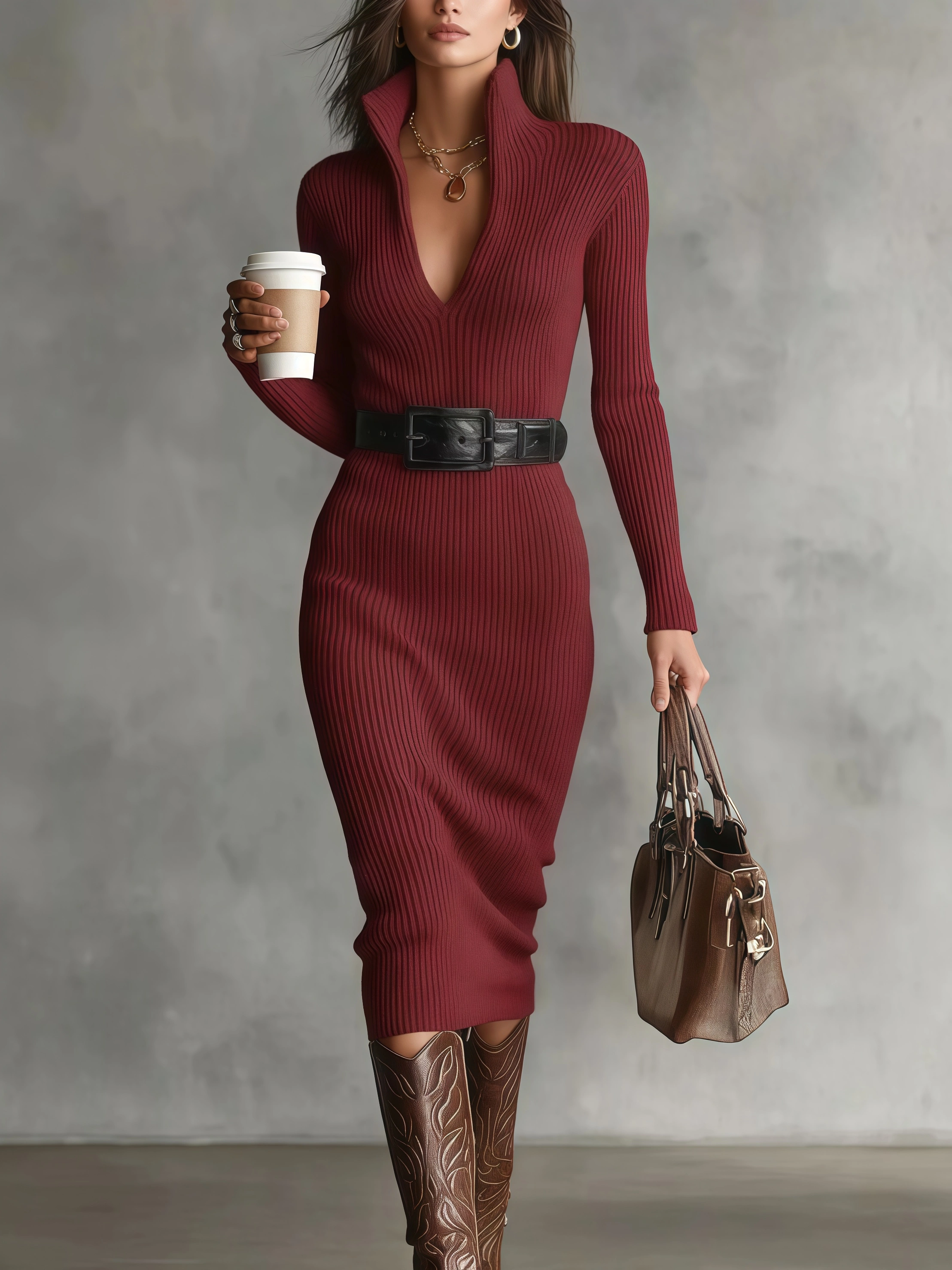 Full Size Ribbed Knit Turtleneck Sweater Dress Plus Size