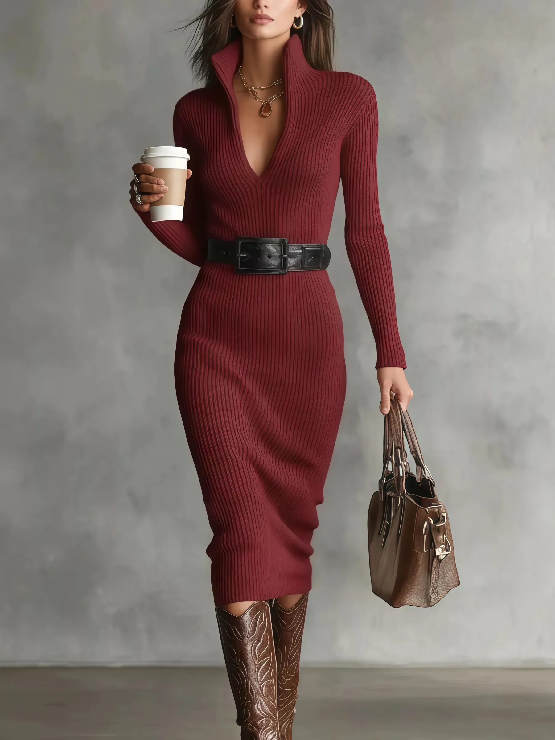 Full Size Ribbed Knit Turtleneck Sweater Dress Plus Size