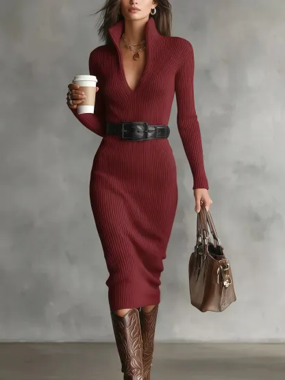 Full Size Ribbed Knit Turtleneck Sweater Dress Plus Size