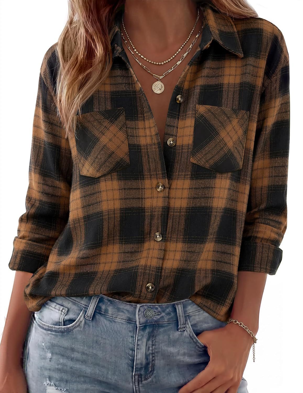 Womens Flannel Shirts Long Sleeve Button Down Casual Fall Plaid Top