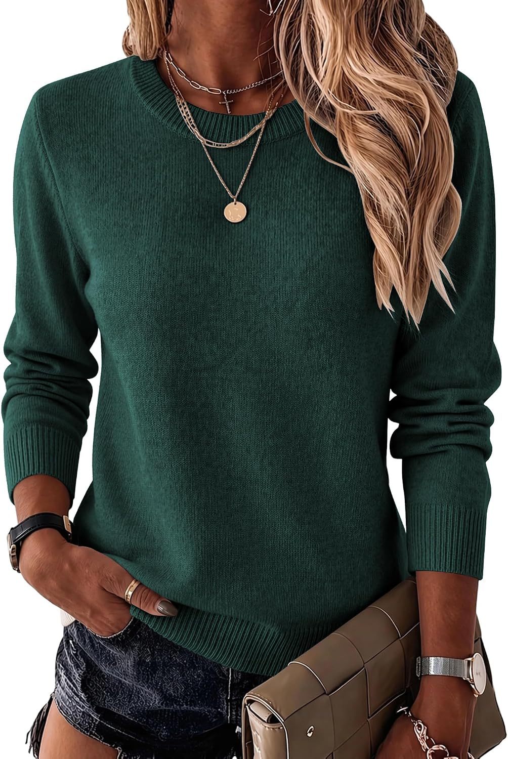 Womens Wool Blend Sweater Crewneck Long Sleeve Tops Fashion Clothing