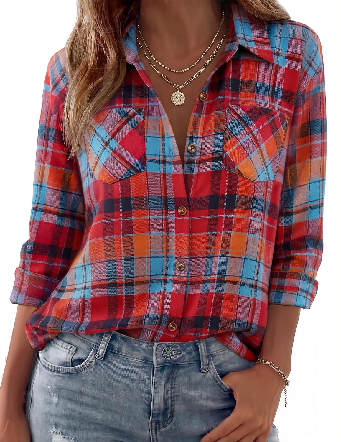 Womens Flannel Shirts Long Sleeve Button Down Casual Fall Plaid Top