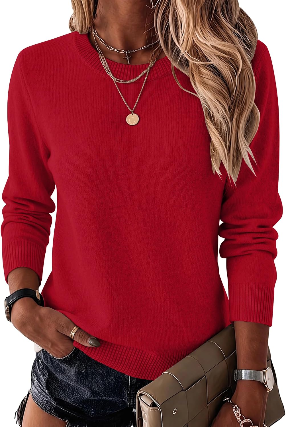 Womens Wool Blend Sweater Crewneck Long Sleeve Tops Fashion Clothing