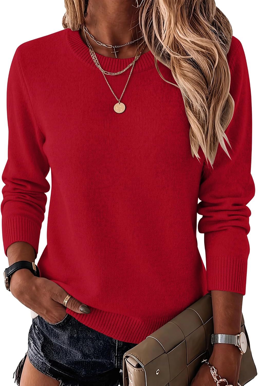 Womens Wool Blend Sweater Crewneck Long Sleeve Tops Fashion Clothing