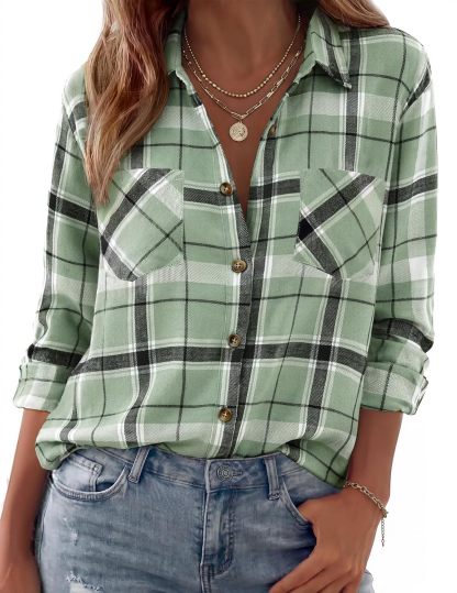 Womens Flannel Shirts Long Sleeve Button Down Casual Fall Plaid Top