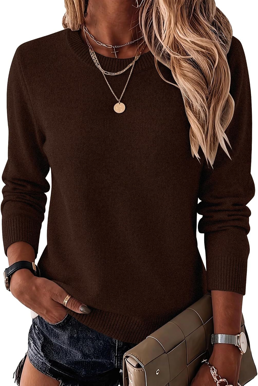 Womens Wool Blend Sweater Crewneck Long Sleeve Tops Fashion Clothing
