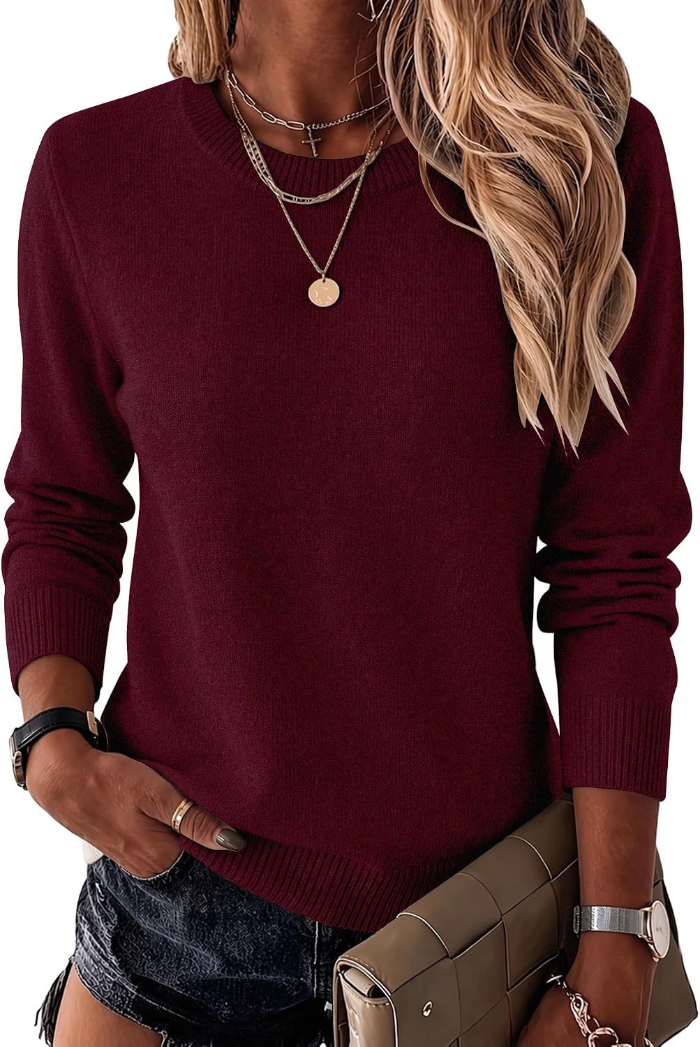 Womens Wool Blend Sweater Crewneck Long Sleeve Tops Fashion Clothing