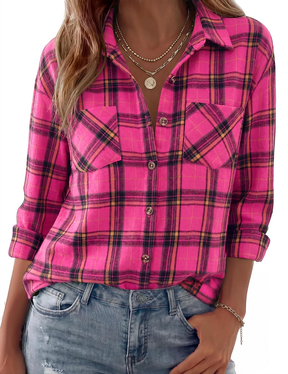 Womens Flannel Shirts Long Sleeve Button Down Casual Fall Plaid Top